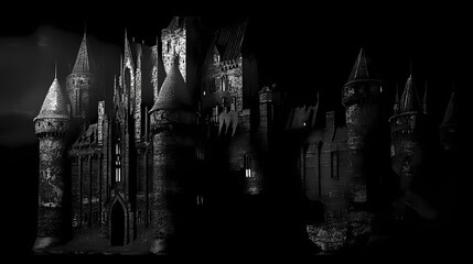 Poster - Segmented gothic architecture, with distinct sections of a dark, eerie castle highlighted in glowing light to show separation. Gothic. Illustration