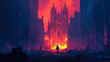 © Thiago - A lone figure stands before a burning gothic cathedral city. Gothic. Illustration