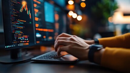 Wall Mural - close-up of hands typing on keyboard with colorful coding displays in a dark office environment feat