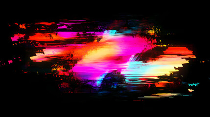 Distorted digital glitch overlay with vibrant neon lights and static noise on a dark mysterious abstract background with a sense of technological malfunction. Abstract. Illustration