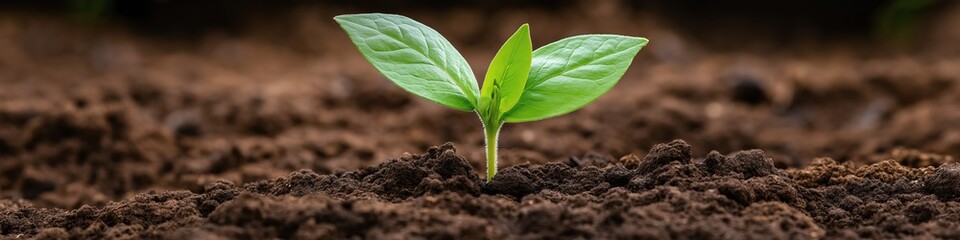 Poster - A tiny green plant is sprouting from the ground, surrounded by dirt. The dirt is a dark brown color, and the plant is small in size