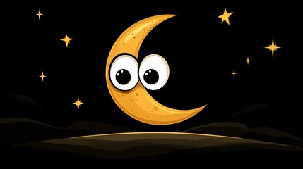 Poster -  a cartoon crescent moon with eyes and stars in the night sky It is an animated image with a resolution of 1920x1080