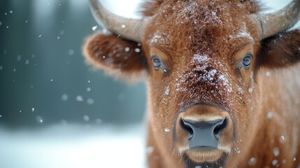 Poster -  a brown and white cow standing in the snow, looking directly at the camera with a blurred background