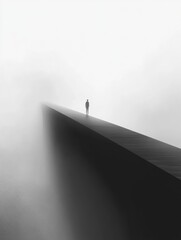 Leinwandbilder - A lone person stands on a long, narrow bridge enveloped in fog, creating a moody and mysterious atmosphere. Generative AI