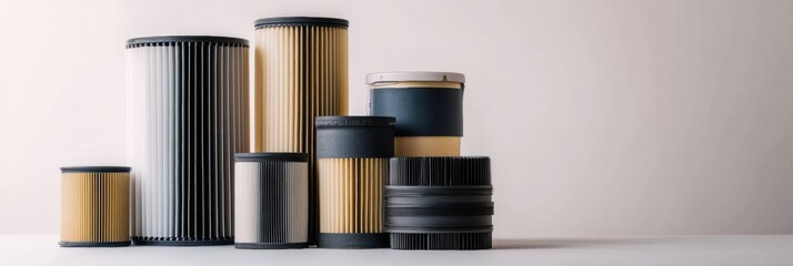Poster - A variety of car filters, including oil, air, and fuel types, are arranged in a structured manner against a light background for easy viewing. Generative AI