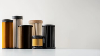 Aufkleber - Assortment of different car filters displayed, showcasing oil, air, and fuel types set against a neutral backdrop in a well-lit environment. Generative AI