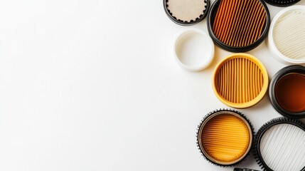 Leinwandbilder - Different types of car filters such as oil, air, and fuel arranged on a light background showcasing their designs and characteristics clearly. Generative AI