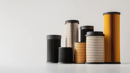Fototapete - Various car filters, including oil, air, and fuel types, are neatly arranged on a light background to showcase automotive maintenance essentials. Generative AI