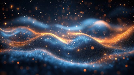 Wall Mural - Golden particles with blue waves in night sky. Cosmic energy visualization