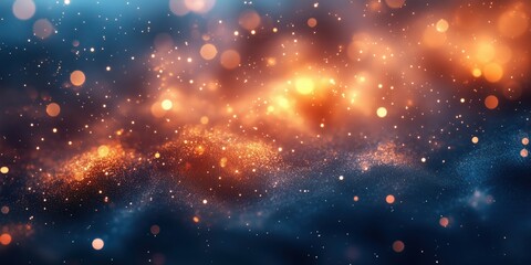 Wall Mural - Gold and blue sparkles with bokeh lights on dark background. Fantasy celebration background
