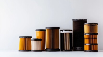 Fototapete - Various car filters are displayed, showcasing oil, air, and fuel filters arranged neatly on a light background, ideal for vehicle maintenance. Generative AI