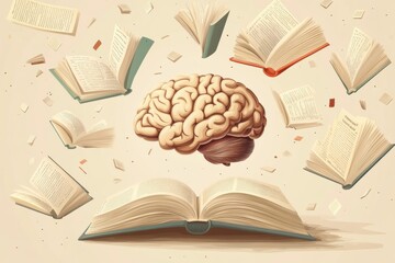 Fototapete - A brain surrounded by open books and flying pages illustrates the essence of knowledge and the journey of learning in a creative way. Generative AI