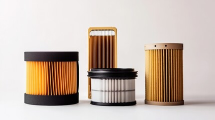 Leinwandbilder - Different types of automotive filters are displayed against a light background, showcasing essential components for vehicle maintenance. Generative AI