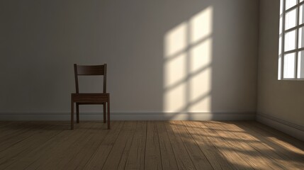 Leinwandbilder - Bright sunlight filters through the window, casting shadows on the wooden floor in the quiet, empty room with a single chair. Generative AI