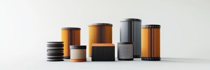 Leinwandbilder - Various car filters for air, oil, and fuel are arranged neatly on a light background, showcasing options for vehicle maintenance and servicing. Generative AI
