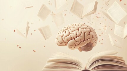 Fototapete - A human brain hovers above an open book, with pages flying around, symbolizing the endless pursuit of knowledge and the joy of learning. Generative AI