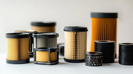 Leinwandbilder - Different types of automotive filters are arranged neatly on a light surface, showcasing oil filters, air filters, and fuel filters. Generative AI