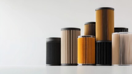 Poster - A collection of car filters showcased on a light surface, featuring various sizes and colors for oil, air, and fuel applications. Generative AI