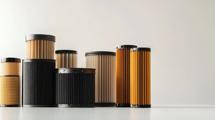 Leinwandbilder - Various car filters including oil, air, and fuel types are arranged neatly on a light background, showcasing essential automotive components. Generative AI