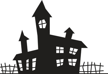 Wall Mural - Black silhouette of a spooky haunted house with crooked fence and lit windows is perfect for halloween themes, creating a creepy and mysterious atmosphere