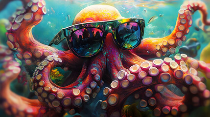 Wall Mural - Vibrant octopus with sunglasses in a psychedelic oceanic environment, whimsical marine life art.high quality image