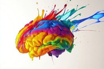 Poster - A brain sculpture bursts with vibrant paint strokes, showcasing artistic expression and colorful imagination in a striking visual display. Generative AI