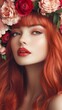 © Valentyna Prudnikova - Ethereal beauty with fiery red hair adorned by lush roses, her piercing gaze and crimson lips create a captivating portrait of feminine allure and floral elegance.