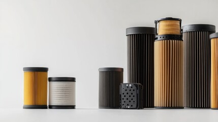 Leinwandbilder - Various car filters including oil, air, and fuel types are displayed on a light background, highlighting essential components for vehicle maintenance. Generative AI