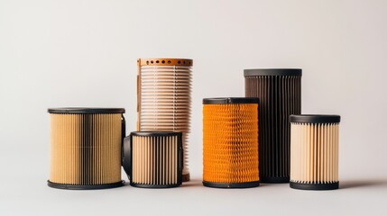 Leinwandbilder - Different types of car filters including oil, air, and fuel are presented on a light backdrop, highlighting automotive maintenance essentials. Generative AI