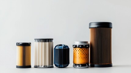 Leinwandbilder - Car filters like oil, air, and fuel are neatly arranged on a light background, highlighting their importance in vehicle maintenance. Generative AI