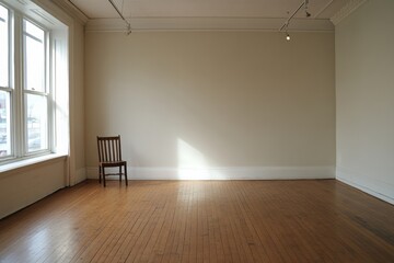 Aufkleber - A bright, spacious room features warm wooden floors and a single chair by the wall, evoking a minimalist and serene ambiance. Generative AI