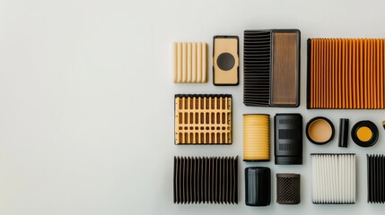 Leinwandbilder - A variety of car filters including oil, air, and fuel filters are neatly arranged on a light background, showcasing their designs and types. Generative AI