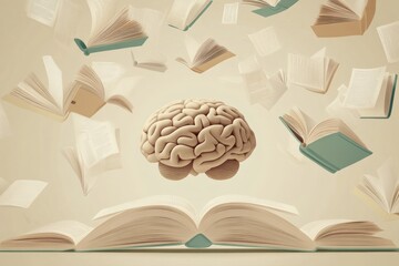 Poster - A brain hovers above opened books with pages flying, representing the flow of thoughts and the pursuit of knowledge in education. Generative AI