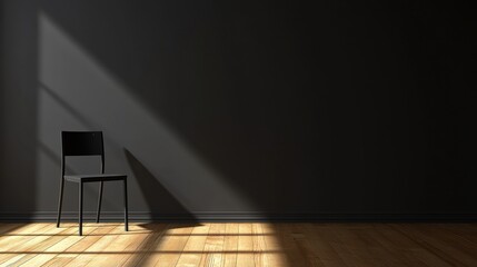 Leinwandbilder - A sparsely furnished room featuring wooden floors and a single black chair resting against a dark wall, softly lit by sunlight. Generative AI