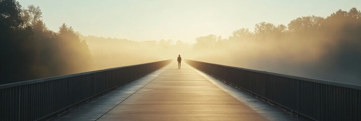Aufkleber - A solitary person walks down a long, deserted bridge surrounded by fog and trees during the early morning hours, evoking tranquility and solitude. Generative AI