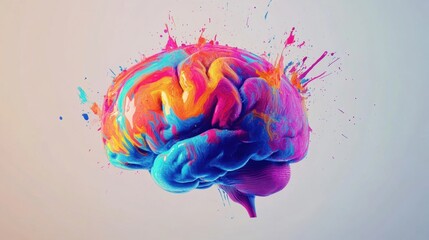 Fototapete - A brain is vividly adorned with bright paint strokes and splashes, symbolizing creativity and artistic expression in modern art. Generative AI