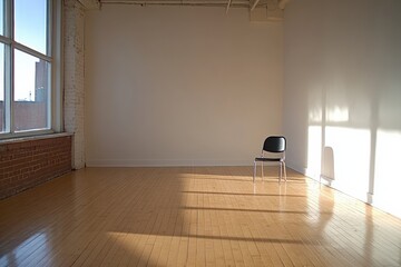 Leinwandbilder - A spacious room features wooden flooring and a single chair placed against the wall, illuminated by soft natural sunlight. Generative AI
