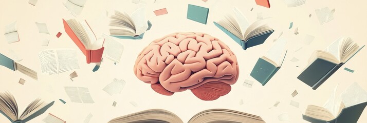 Fototapete - A central brain surrounded by scattered open books and flying pages showcases the essence of knowledge and learning in an enlightening atmosphere. Generative AI