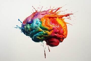 Poster - A brain is decorated with vivid paint strokes and splashes, showcasing a burst of colors that symbolize creativity and imagination. Generative AI