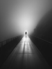Leinwandbilder - A lone figure strides purposefully across a long, deserted bridge shrouded in thick fog during the quiet early morning. Generative AI