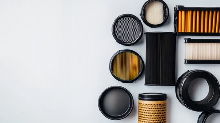 Leinwandbilder - Variety of car filters displayed on light background highlighting oil, air, and fuel filters essential for vehicle maintenance and performance. Generative AI