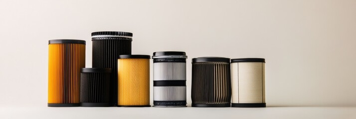 Leinwandbilder - Various car filters are arranged neatly, showcasing oil, air, and fuel types against a light background, ideal for automotive maintenance. Generative AI