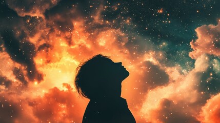 Wall Mural - a silhouette of a person is looking up at the night sky with a bright orange glow. the sky is filled