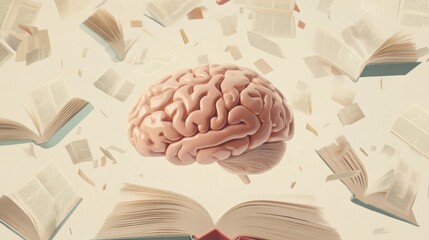 Fototapete - A brain is at the center, encircled by open books and flying pages, illustrating the connection between thought and knowledge acquisition. Generative AI