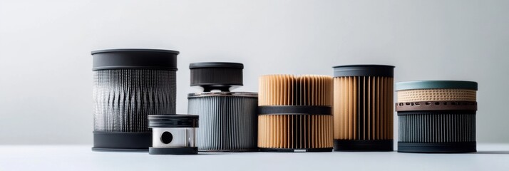 Poster - Different car filters are displayed on a light background, showcasing oil, air, and fuel filters in various sizes and shapes. Generative AI