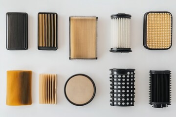 Leinwandbilder - A variety of automotive filters are displayed, showcasing different designs for oil, air, and fuel applications against a light backdrop. Generative AI