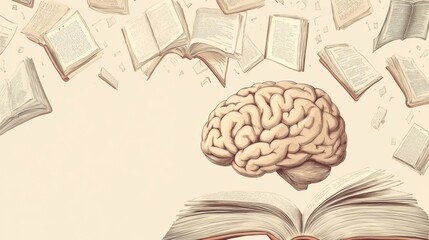 Fototapete - A brain is depicted at the center, encircled by open books and soaring pages, representing the pursuit of knowledge and education. Generative AI