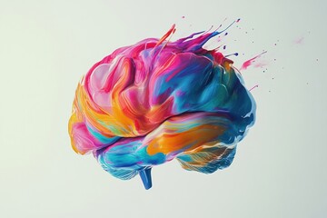 Fototapete - A brain is artistically covered in a burst of colorful paint strokes and splashes, representing creativity and the power of imagination. Generative AI