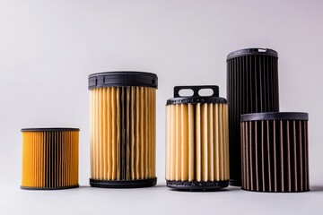 Fototapete - Various car filters including oil, air, and fuel filters are displayed against a light backdrop, highlighting crucial automotive components. Generative AI