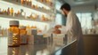 © Oksana - Pharmacist organizing prescription bottles and boxes on a counter, with detailed focus on labeled packaging, blurred pharmacy shelves in the background for a professional setting.